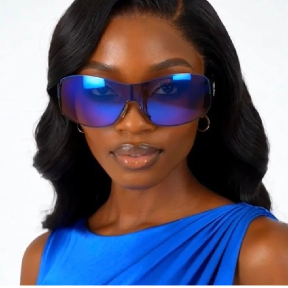 Blue Mirrored Shield Women‎ Sunglasses Black Wraparound Sporty Y2K Shades Lentes